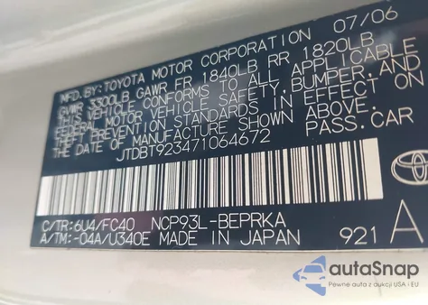 2007 Toyota Yaris from USA, damaged, VIN JTDBT923471064672